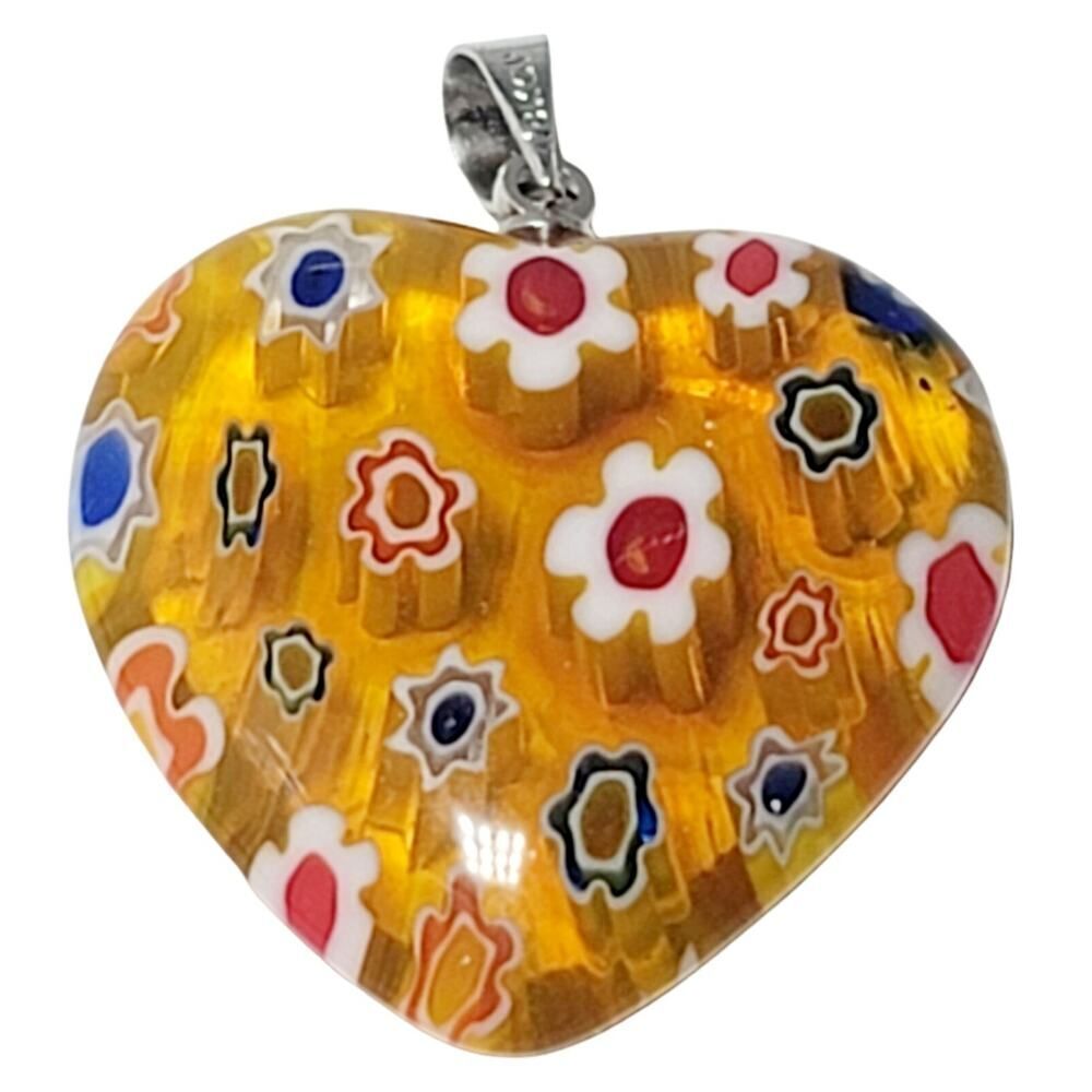 Beautiful Amber Lucite Millefiori Heart Pendant - 1"‎ Tall 18KPG SILVER-PLATED
